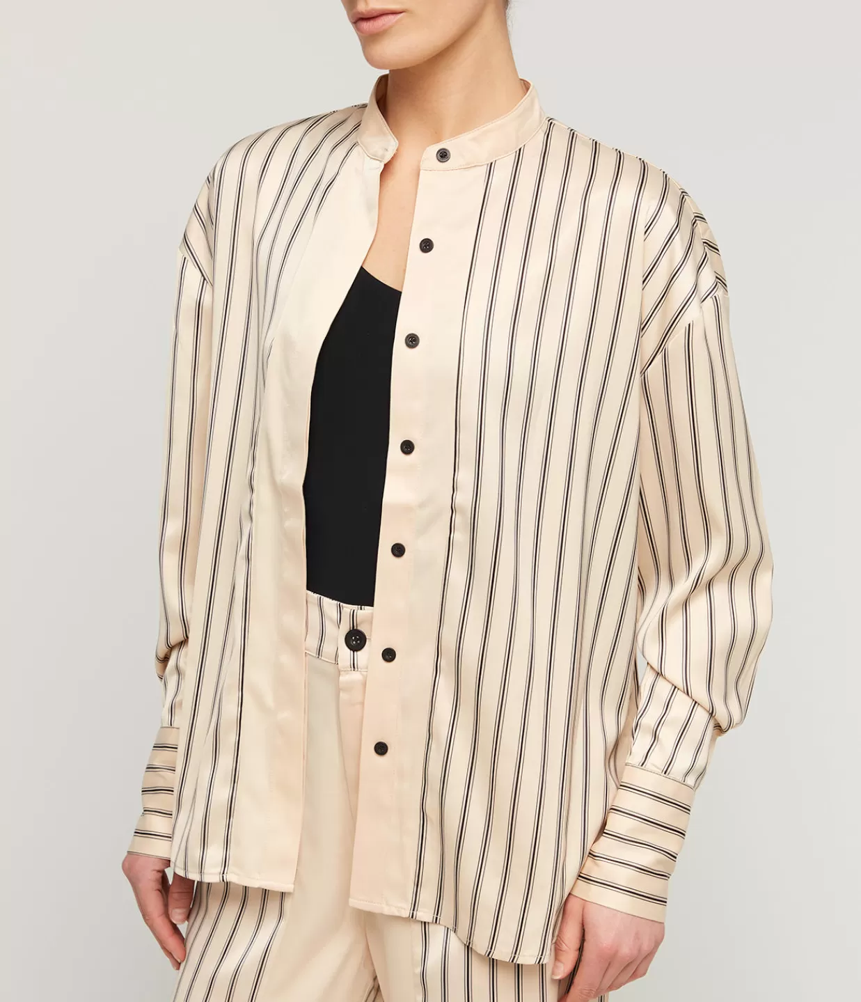Best Gio Thin Triple Stripe Silk Shirt In Black And Ecru Tops