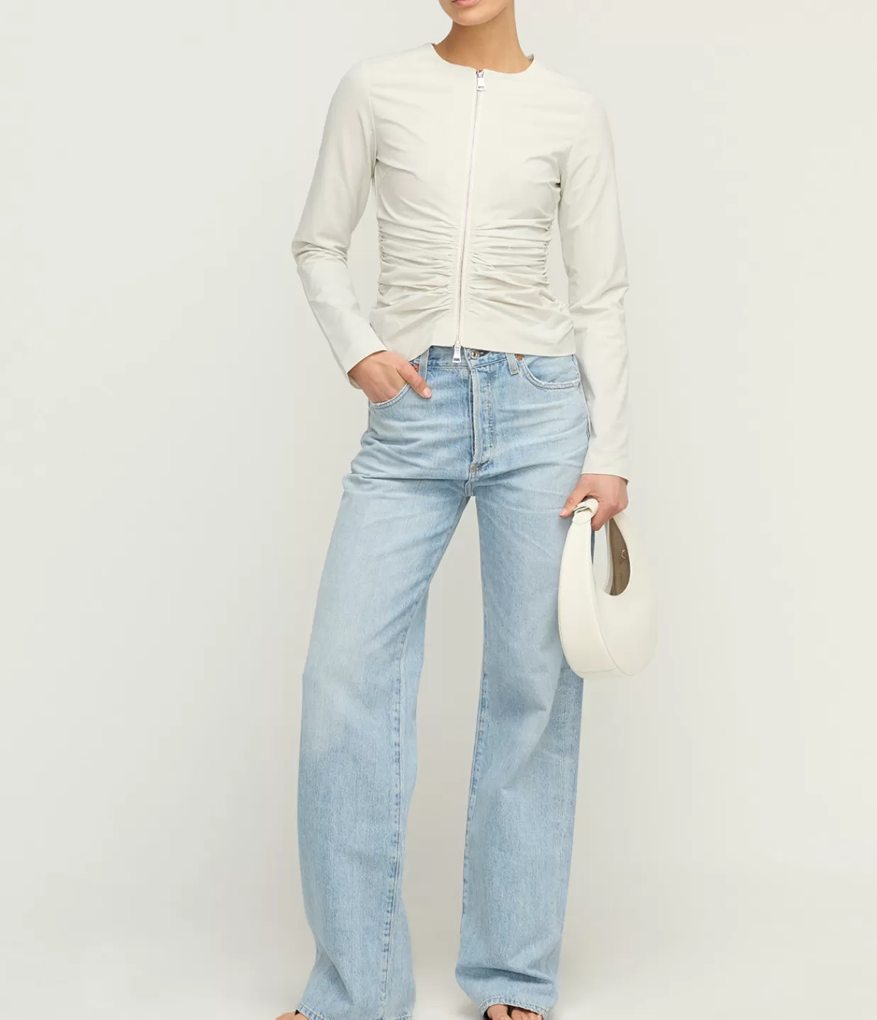 Store Zipper Long Sleeve Top In Light Grey Tops